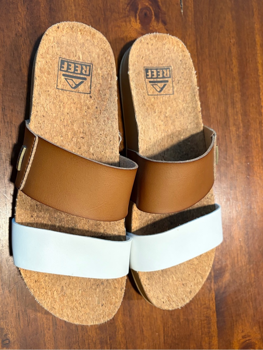Reef Slide Sandals in Brown and White with Cork Footbed